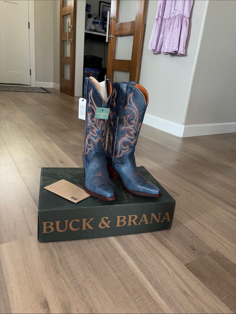 Buck & Brana Women's Blue Leather Embroidered Heeled Boots